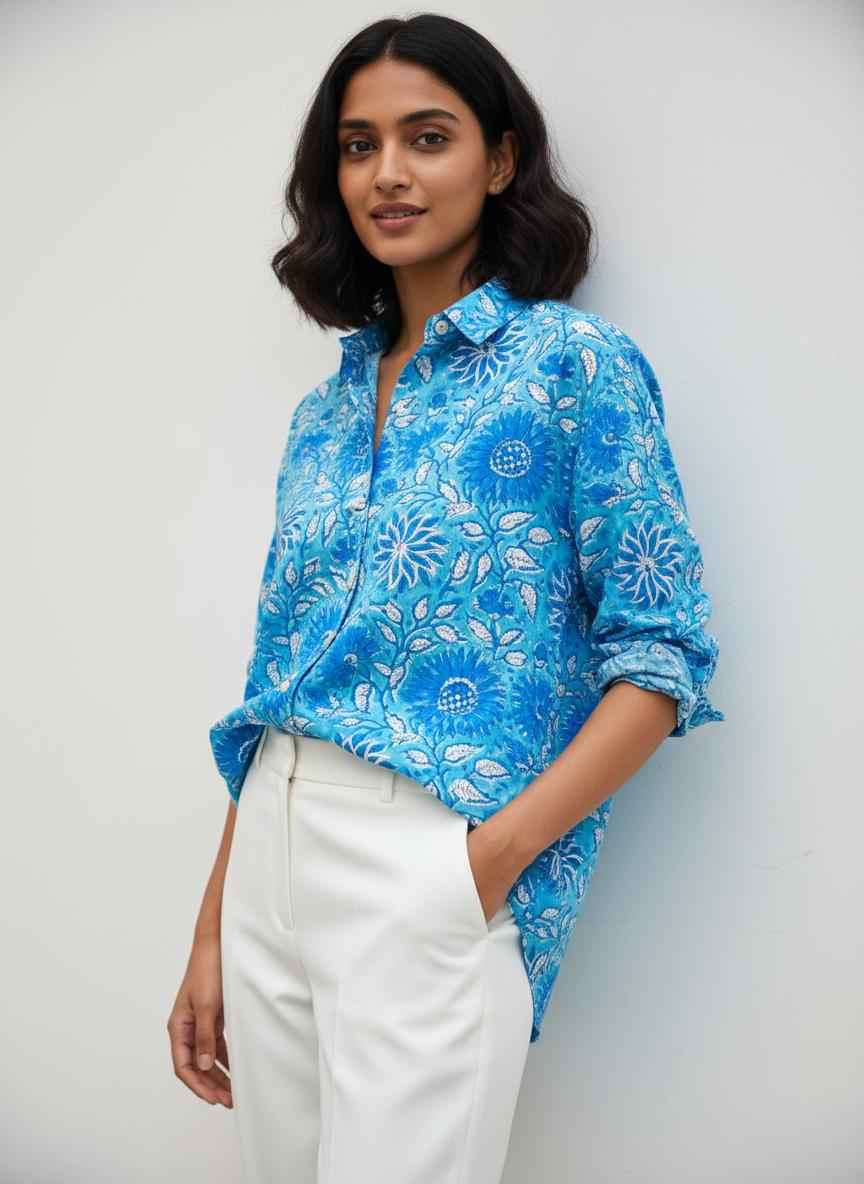 Long Sleeve Handblock Casual Shirt - Blue and White Floral Modal Cotton Printed Women’s Shirt