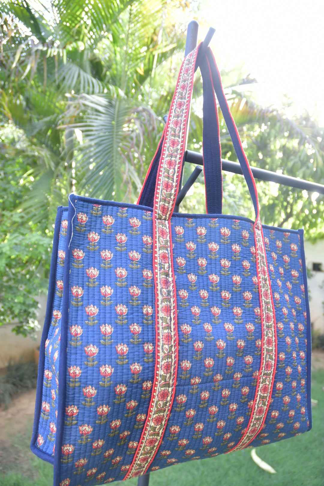 Premium Blue Floral Tote Bag: Hand-Blocked Beauty