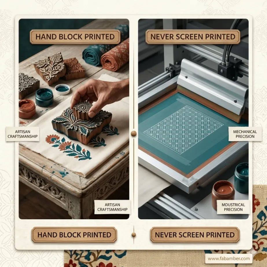 Comparison between hand block printing and screen printing with text labels.
