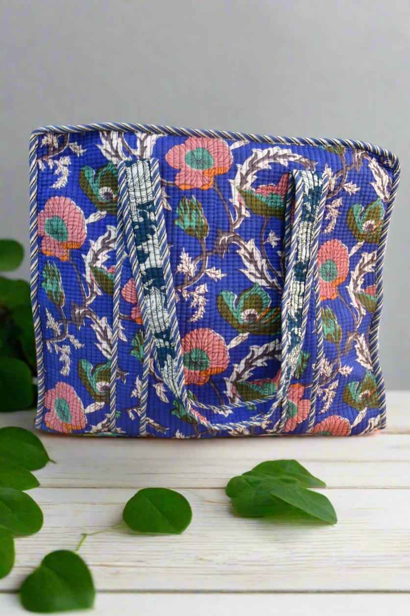 Naughty Blue Zipper Tote Bag | Hand-Blocked Cotton Tote for Women