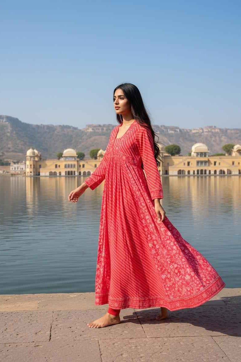 Pinkish Peach Floral Lehariya Handblock Anarkali Dress – Cotton Ethnic Wear for Women