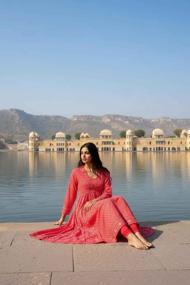 Pinkish Peach Floral Lehariya Handblock Anarkali Dress – Cotton Ethnic Wear for Women