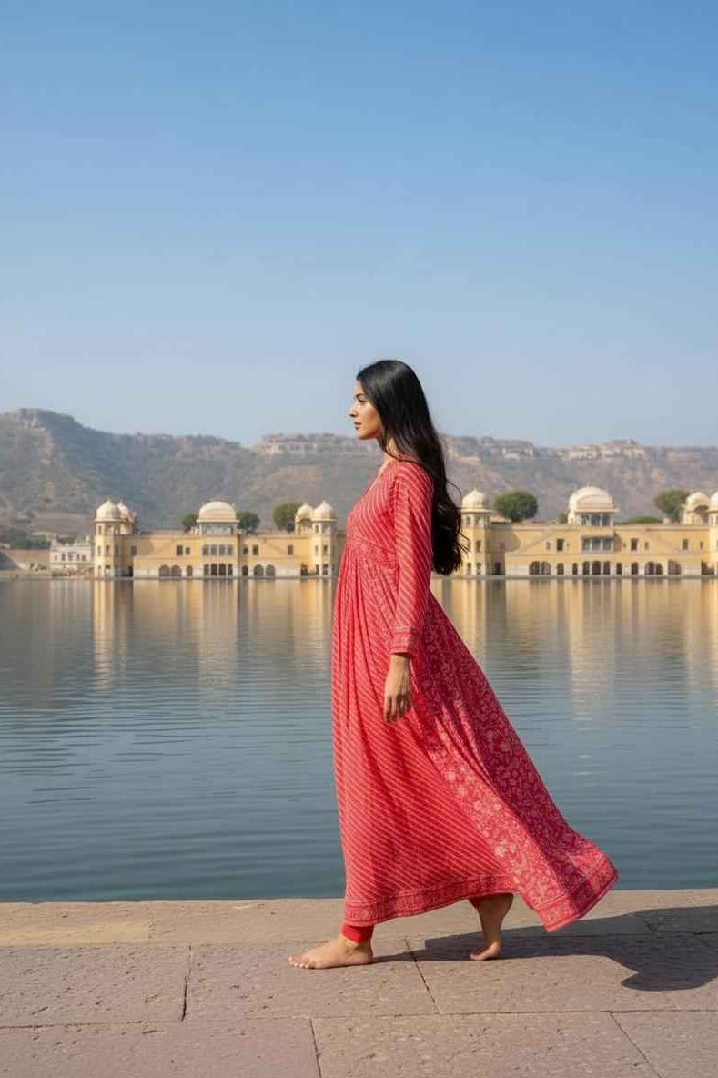 Pinkish Peach Floral Lehariya Handblock Anarkali Dress – Cotton Ethnic Wear for Women