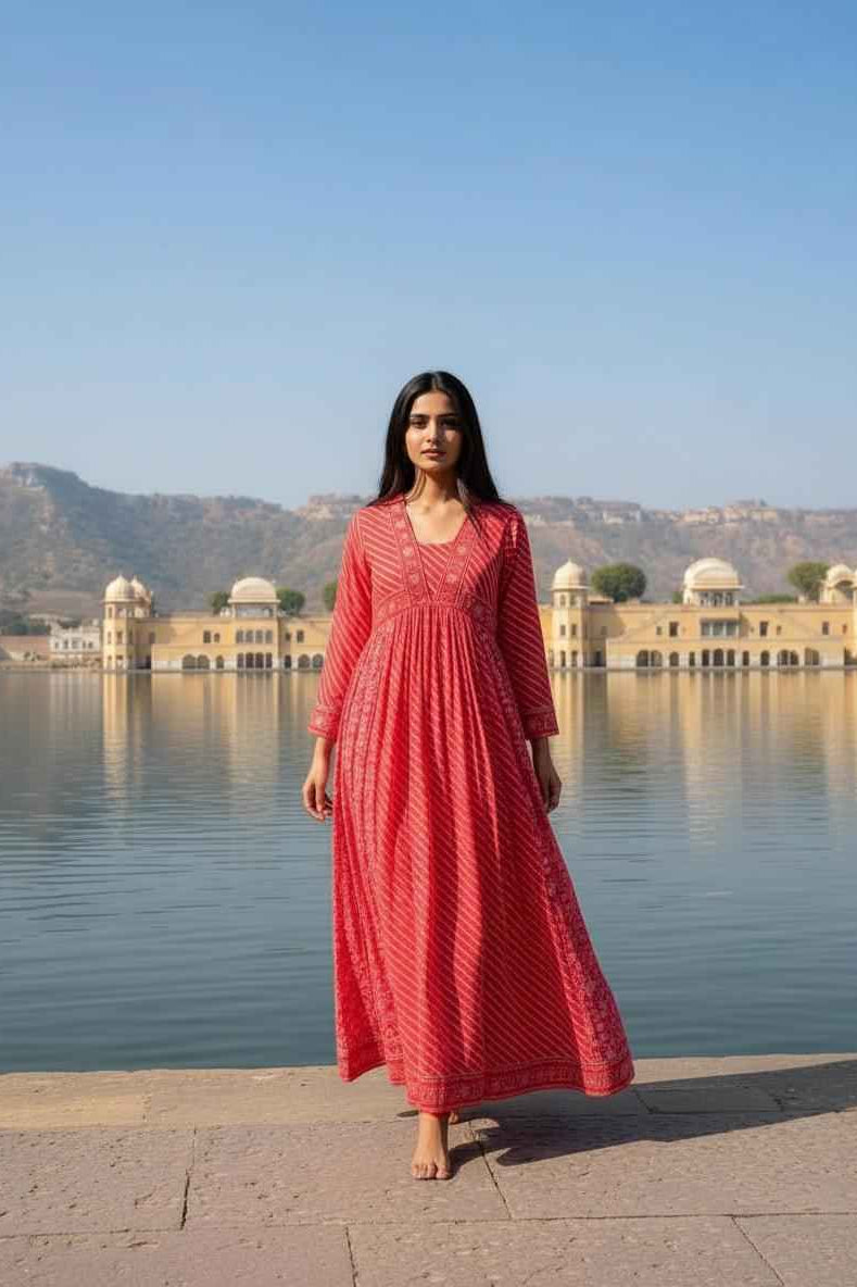 Pinkish Peach Floral Lehariya Handblock Anarkali Dress – Cotton Ethnic Wear for Women