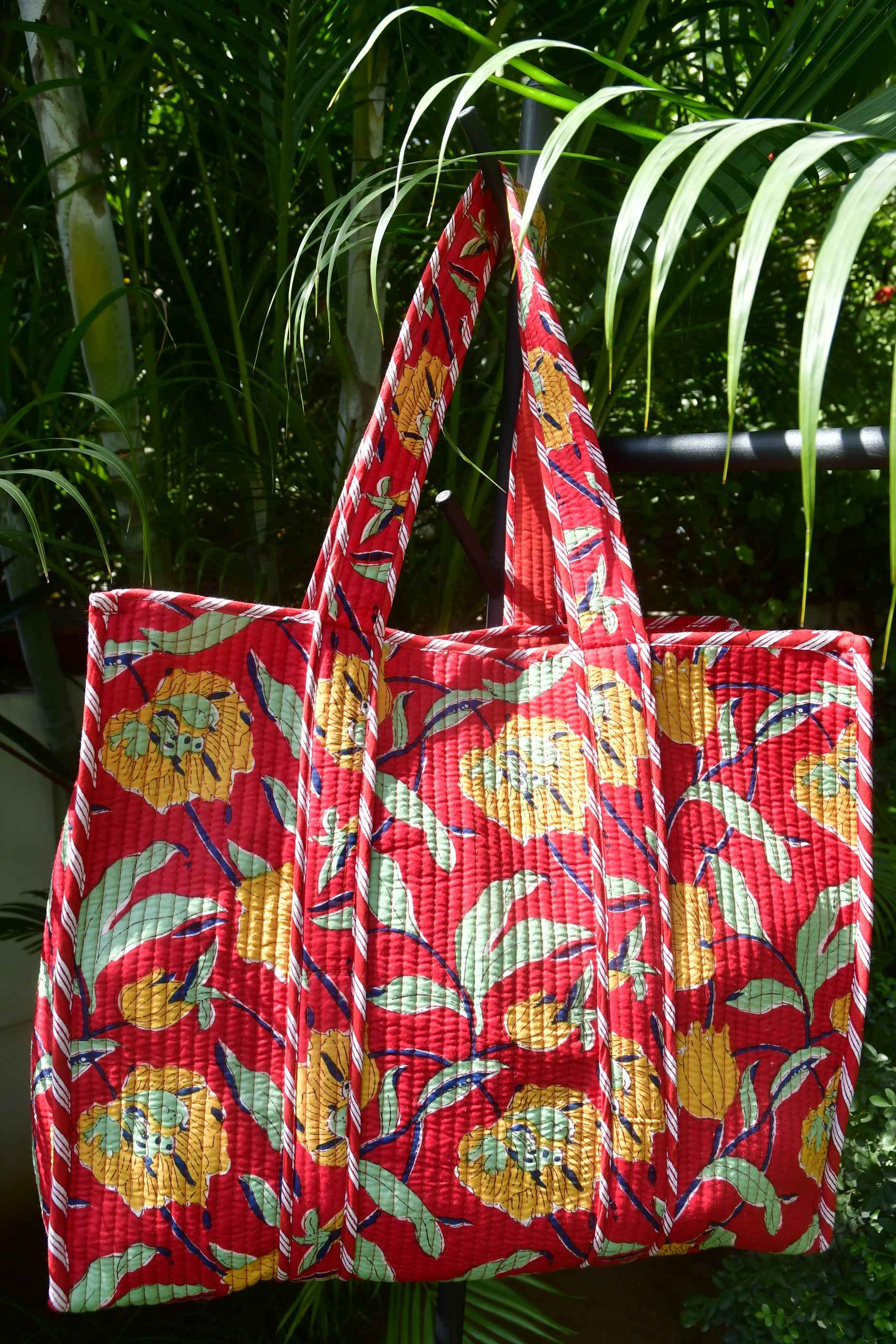 Red Hand-Blocked Tote Bag | Jaipur's Finest