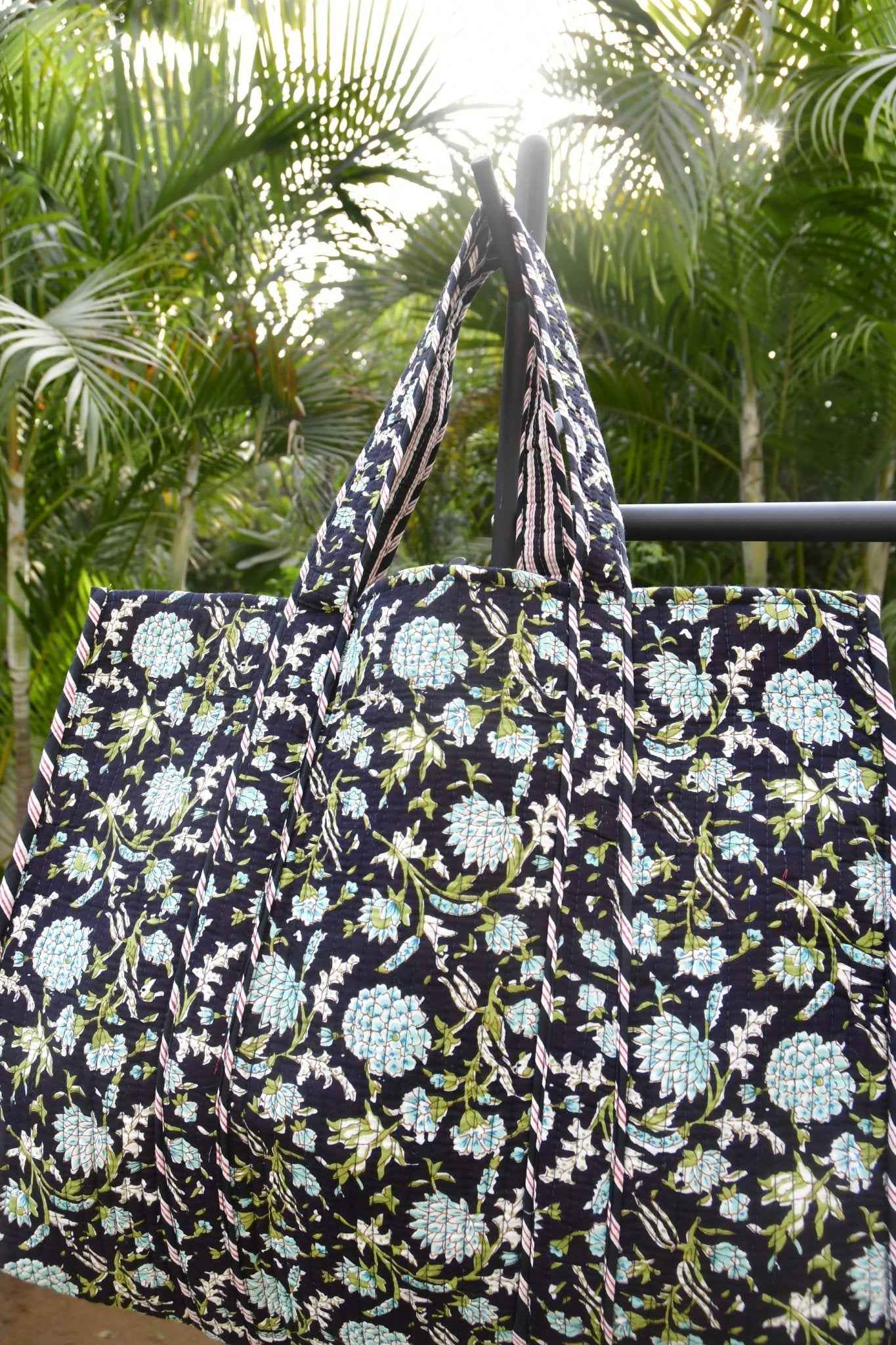 Black Floral Handblock Tote Bag : Multiple pockets