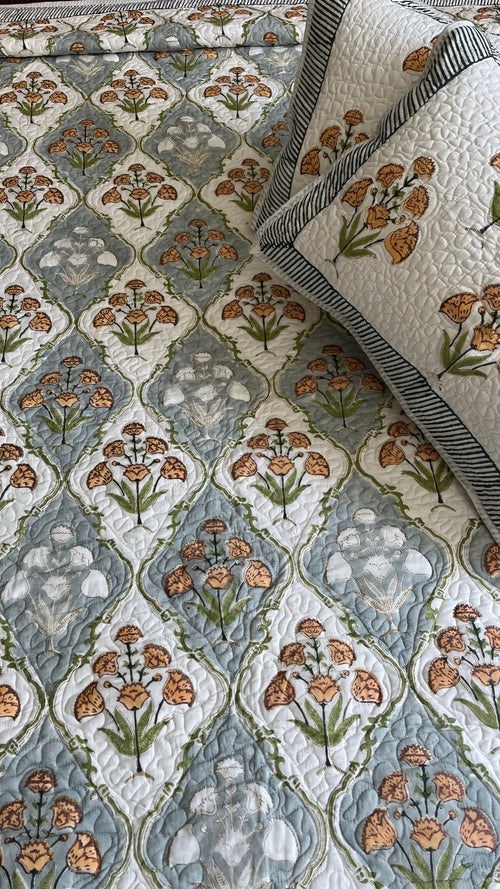 Saffron Blooms Quilted Bedcover Hand Block