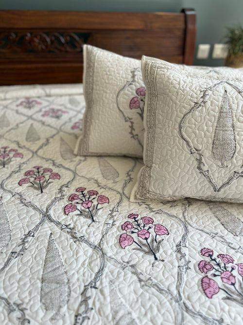 Pink And Ivory Quilted Hand Block Bedcover