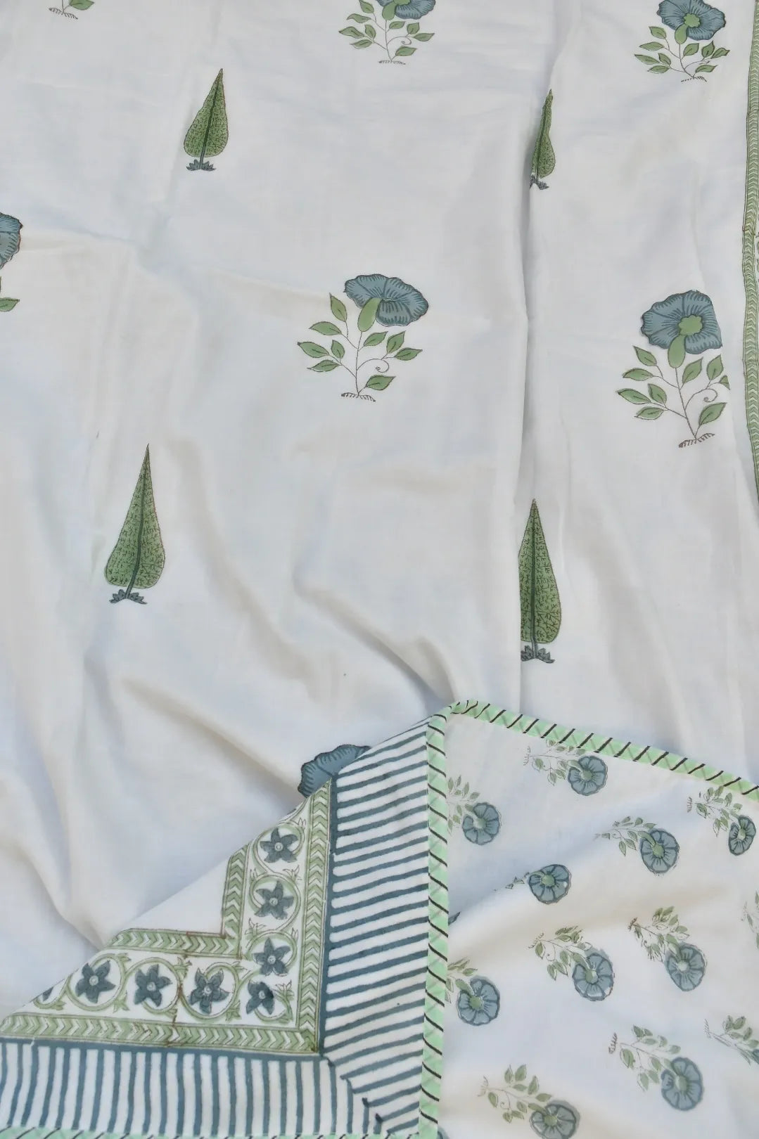 White and Green Jaipuri Dohar with green floral patterns and striped border