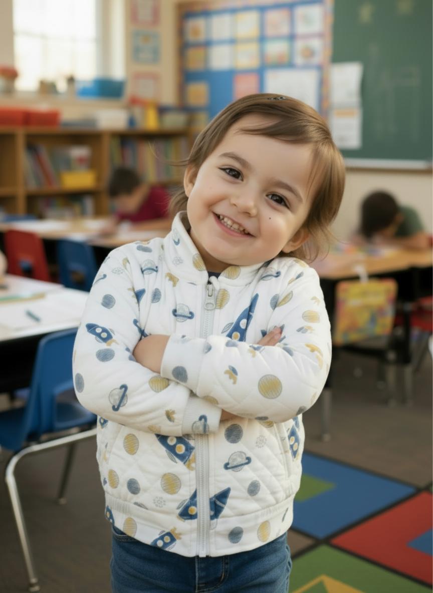 Child in a classroom wearing a patterned jacket with arms crossed
