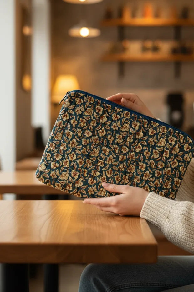 Person holding a floral-patterned laptop sleeve in a restaurant setting