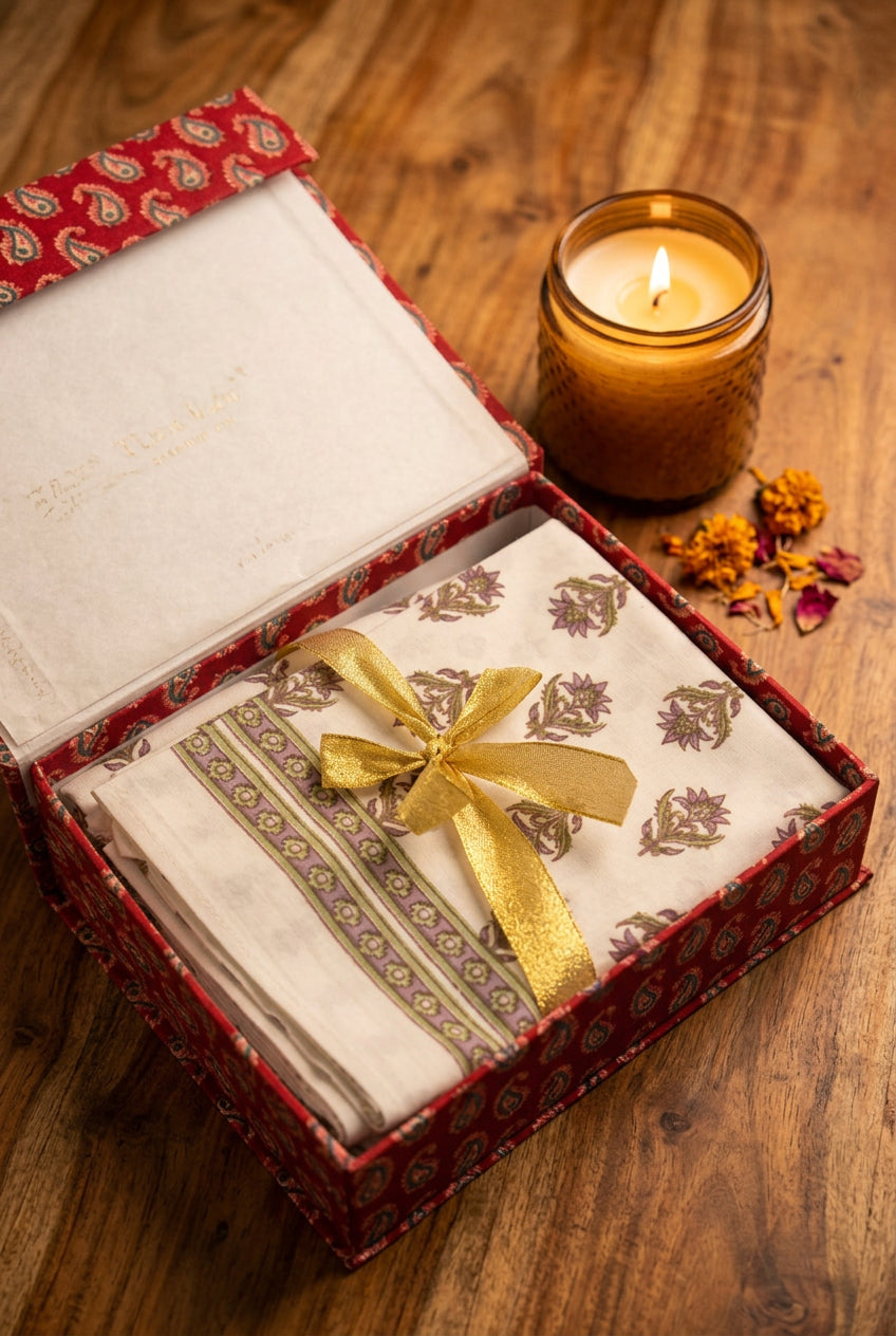 A folded stack of white patterned fabric napkins or cloths with green and purple borders, tied with a shiny gold ribbon, presented inside an open red paisley gift box.