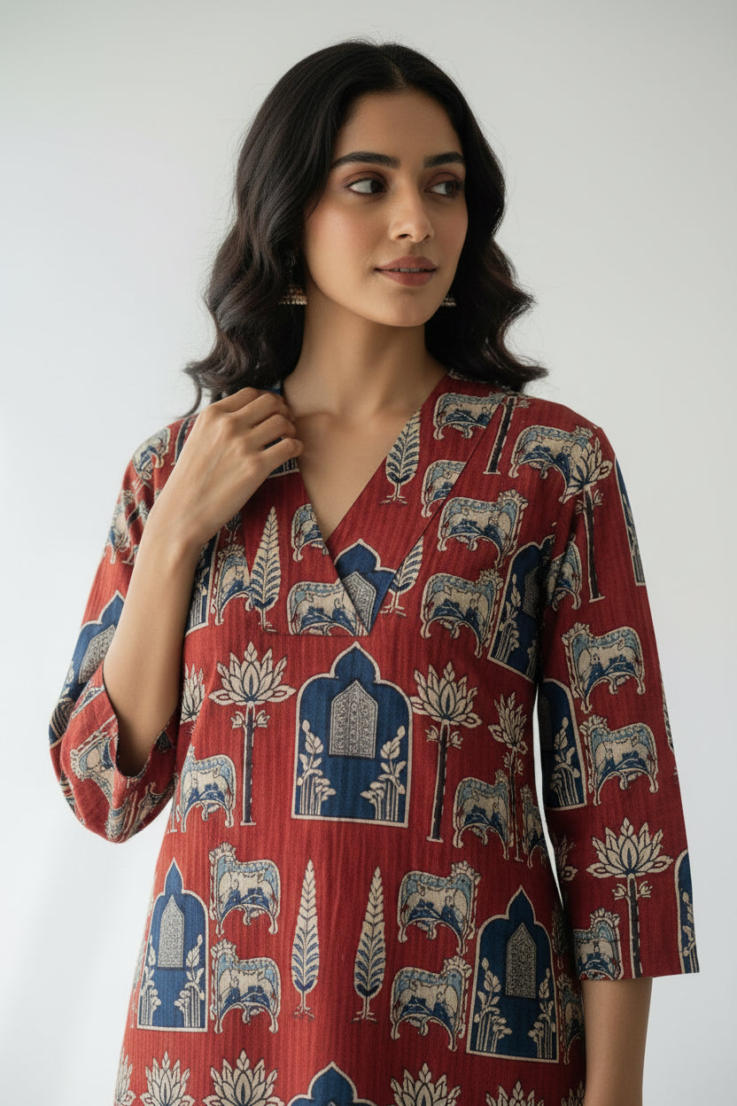 Woman wearing a red patterned dress against a white background