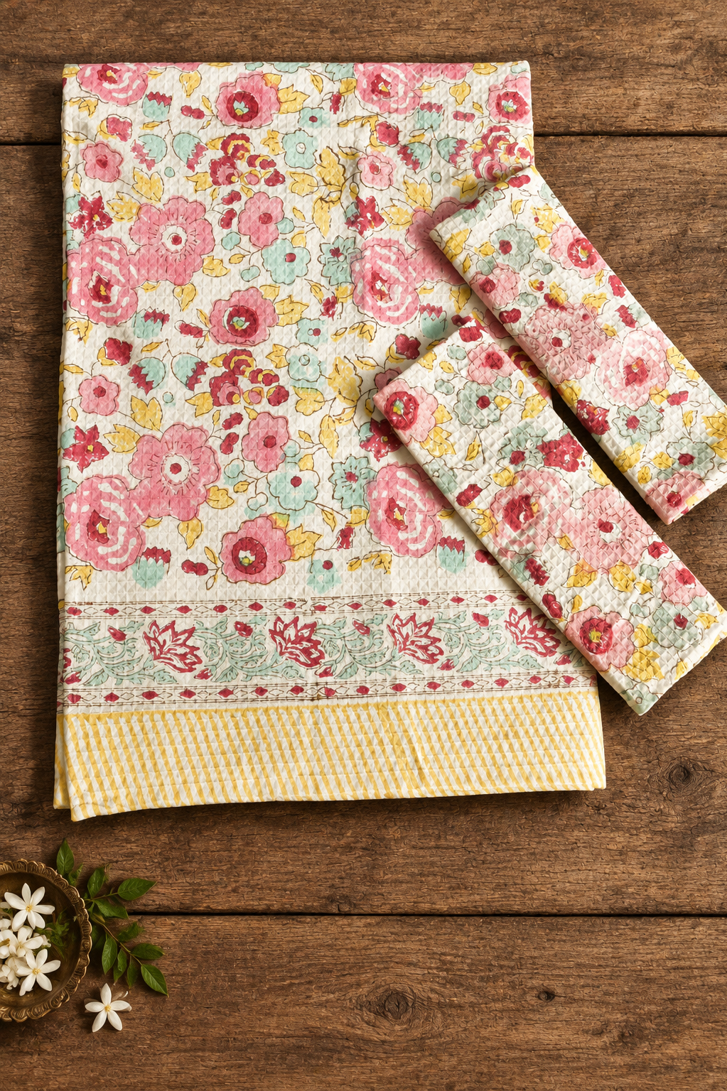 A floral cotton table linen set including a placemat and matching napkins, featuring pink and red flowers with yellow and green accents on a cream background, styled on a rustic wooden table.
