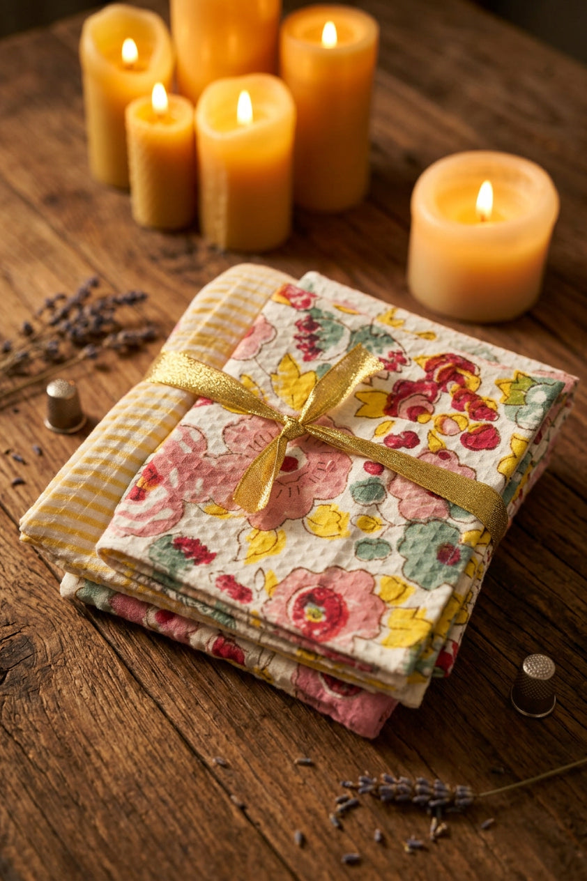 A folded quilted fabric piece with a multicolor floral print in pink, yellow, and green on a white background, tied with a yellow-gold ribbon, resting on a dark wooden surface.