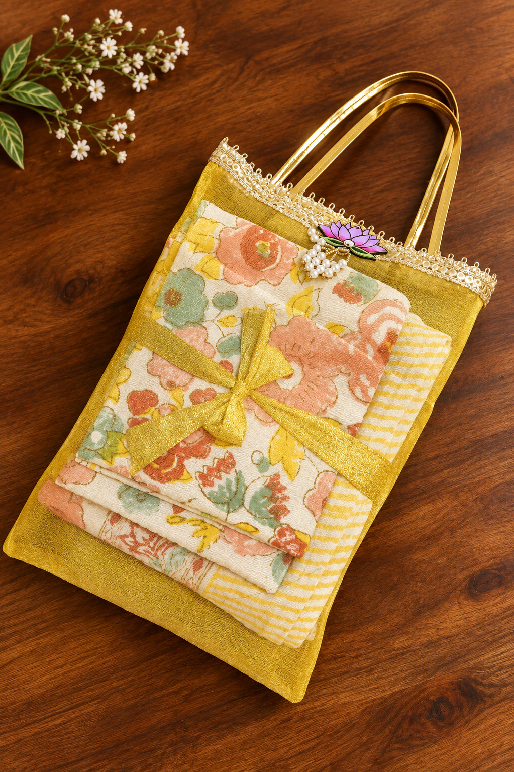 A yellow sheer mesh handbag with a floral patterned insert, gold-tone handles, and a decorative flower embellishment, shown resting on a dark surface.