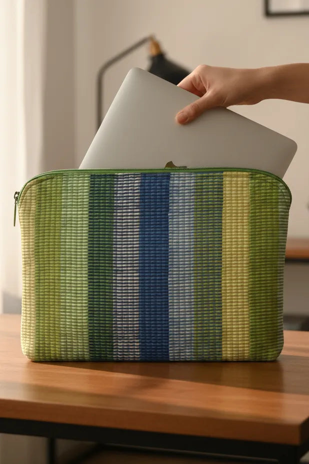 Green striped pouch with a laptop being placed into a laptop sleeve