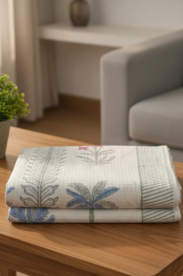 Folded Hand towel with palm leaf pattern on a wooden surface in a home setting