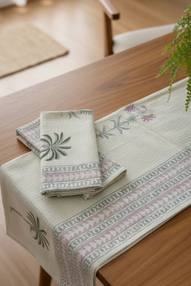 Decorative bath and hand with floral patterns on a wooden table