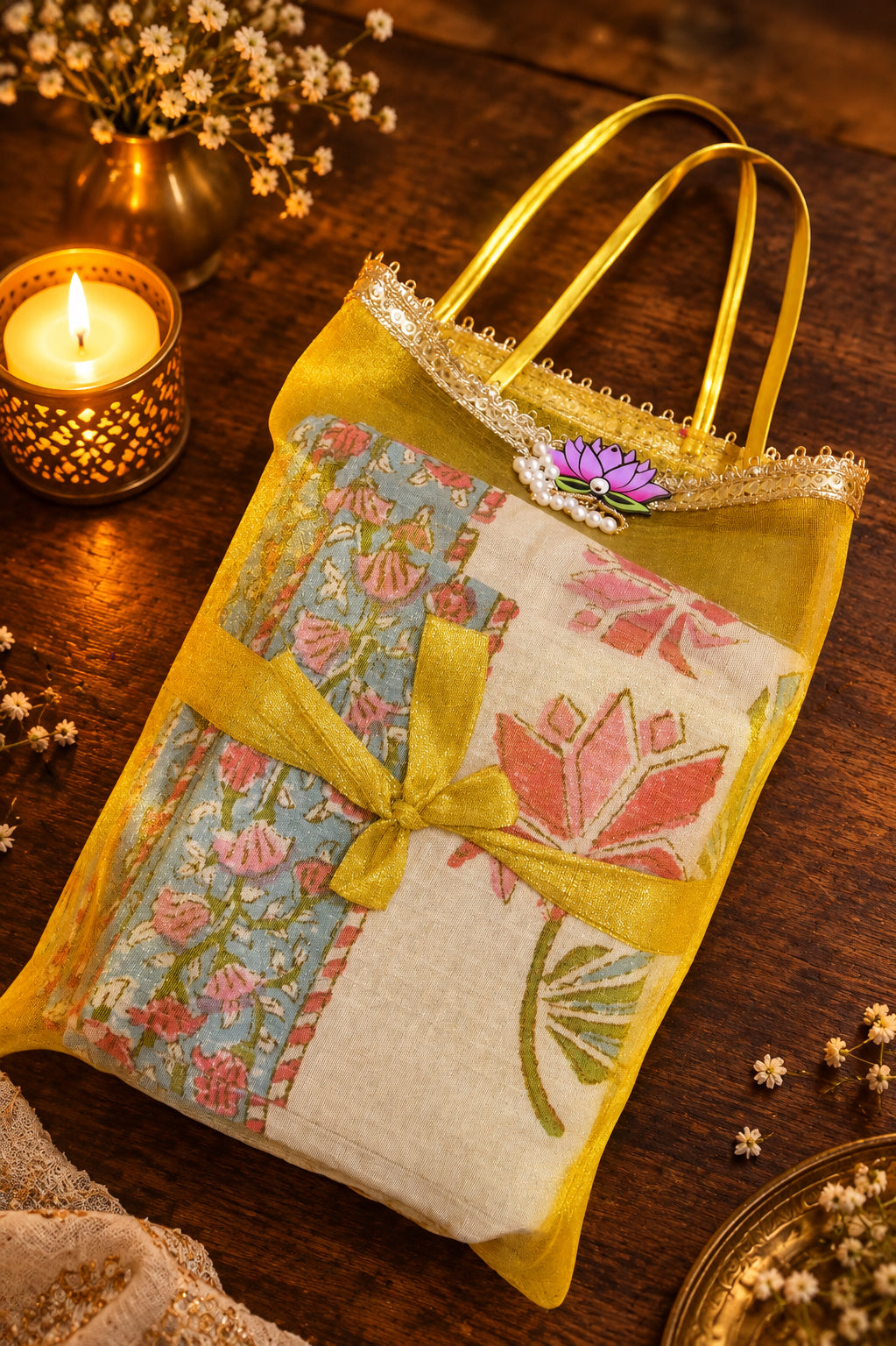 A decorative fabric tote bag with gold-tone handles, featuring a sheer yellow mesh exterior, lace trim, a gold ribbon bow, and a folded cream-colored patterned fabric insert with pink and green floral motifs.