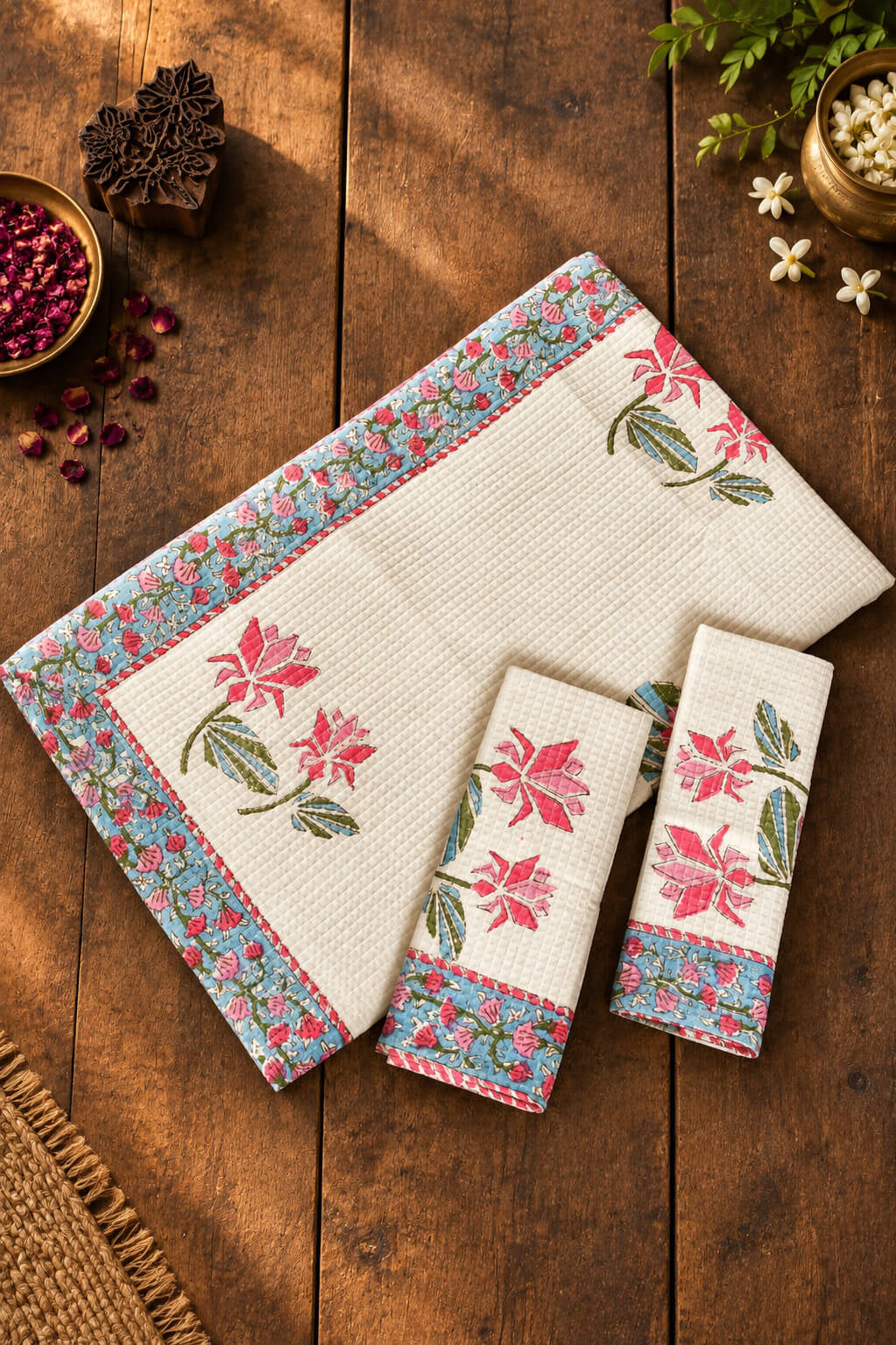A coordinated Towel set laid out on a rustic wooden surface, including a large rectangular cloth, two smaller matching pieces, and decorative dried flowers and greenery around them. The fabrics are off-white/cream with pink floral motifs and blue-green patterned borders.
