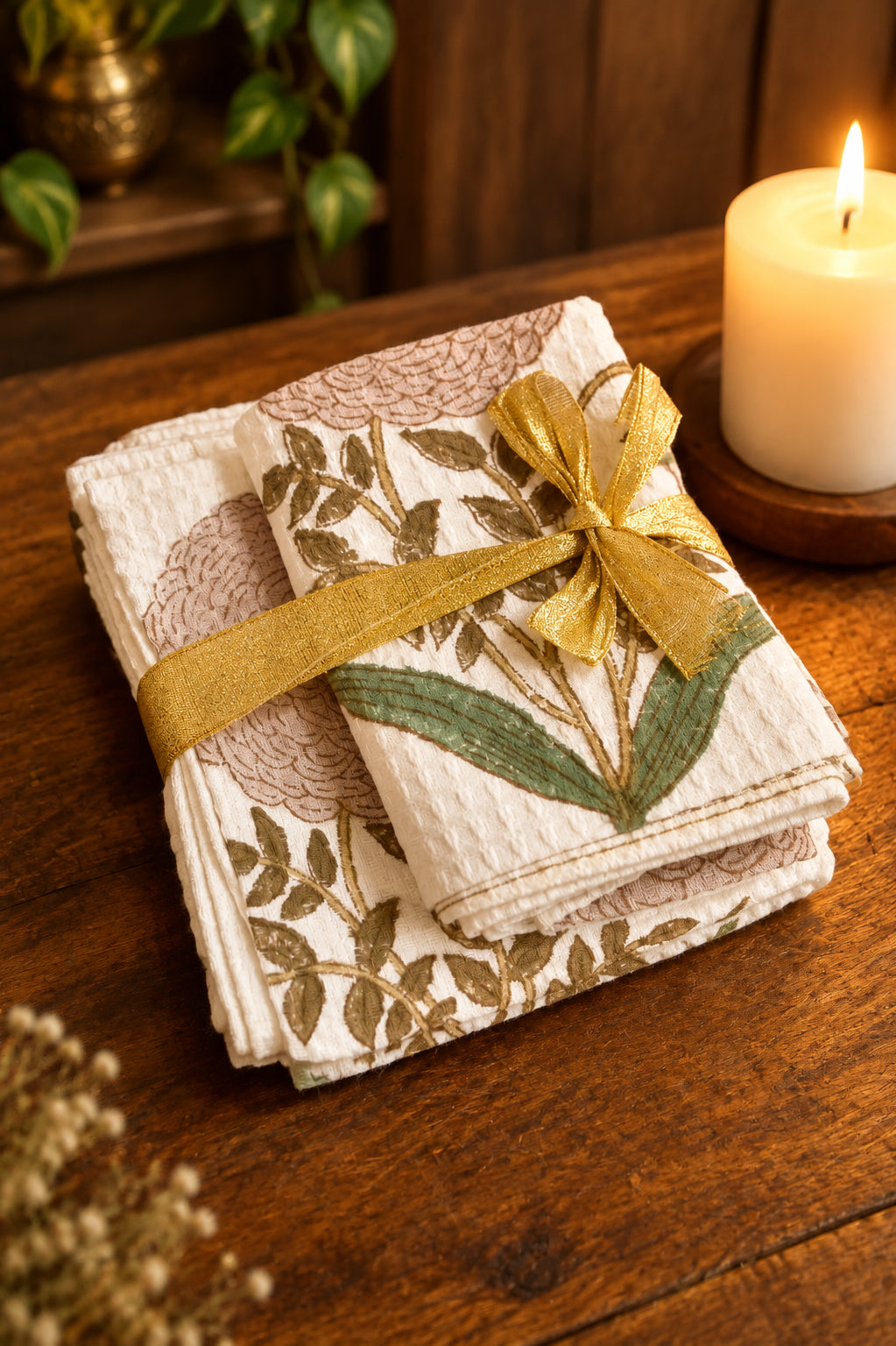 A stack of folded cream-colored textured fabric napkins with embroidered botanical leaf patterns in muted green and taupe, tied with a shiny gold ribbon and bow, displayed on a rustic wooden table next to a lit white candle.