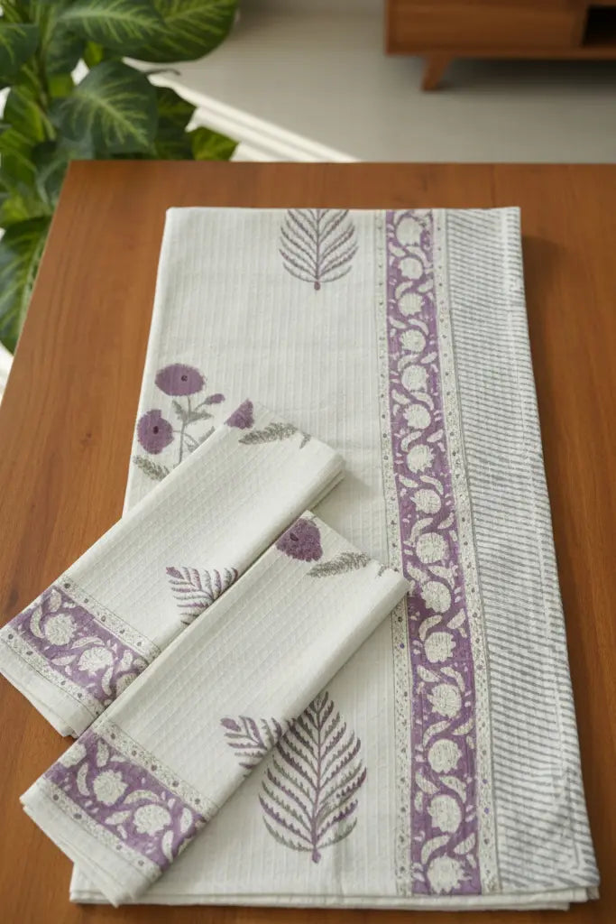 Set of folded towels with floral and leaf patterns on a wooden surface