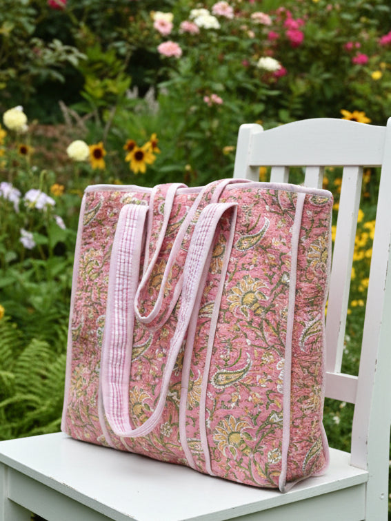 Pink tote bag with paisley pattern