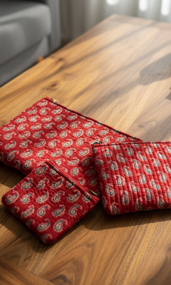 Red patterned fabric on a floral-patterned background