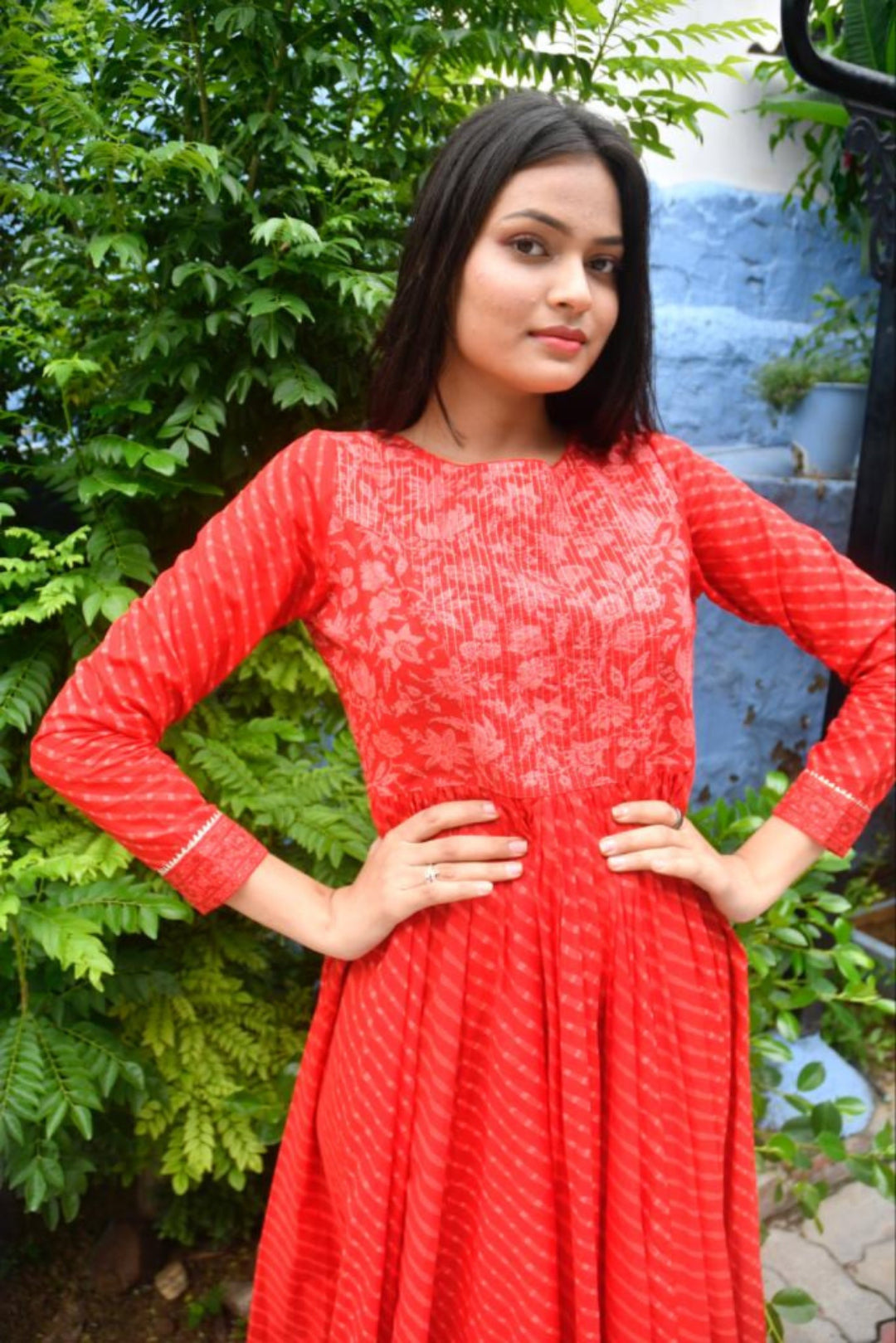 Red Lehariya Anarkali Kurta Close up