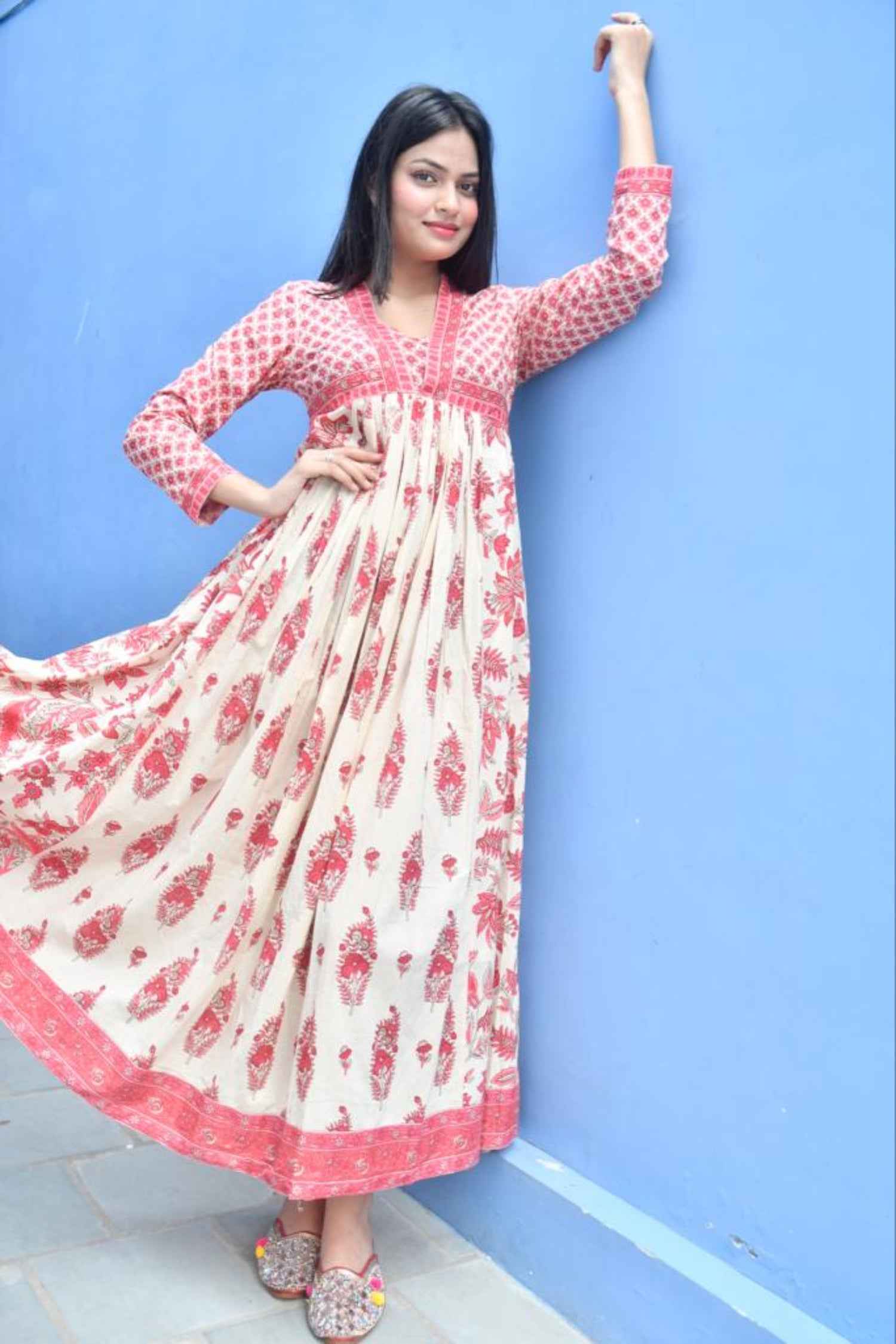 Cream Floral Anarkali Kurta Traditional Handblocked