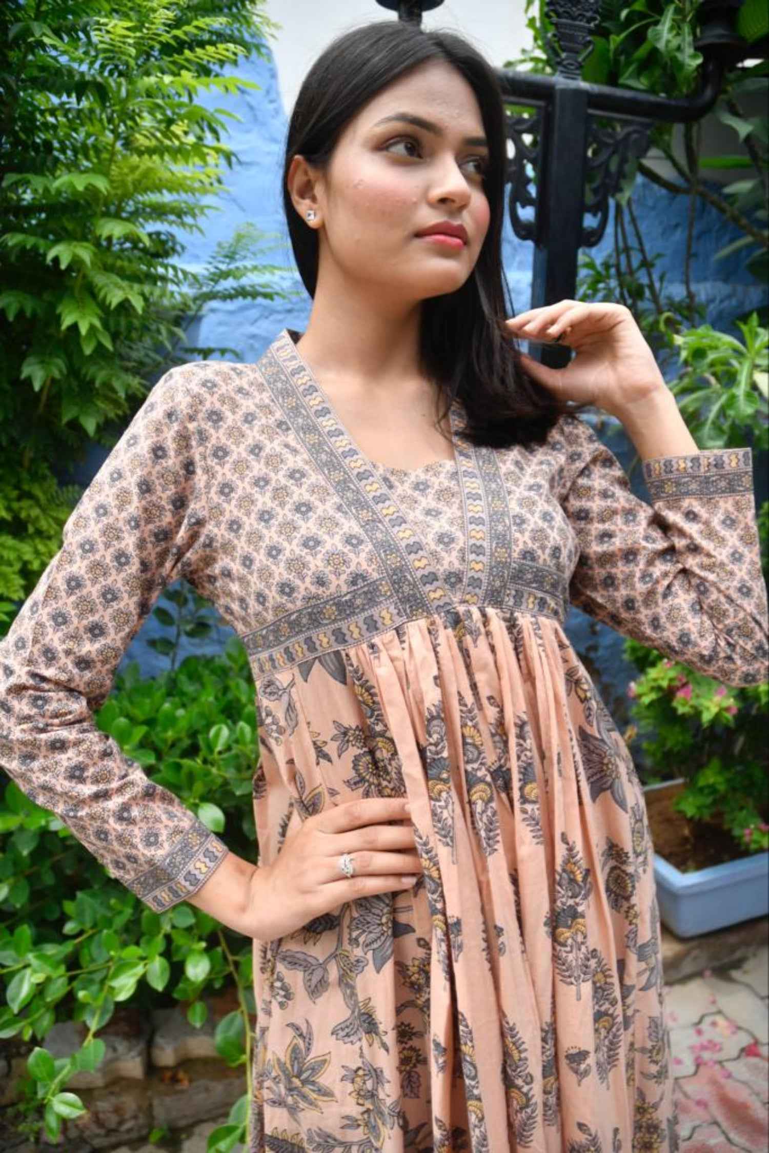Hand Block Blush Floral Anarkali Kurta handblocked