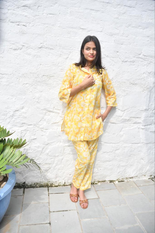 Yellow n White Floral Co-ord set Hand Block