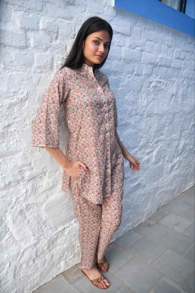 Classic Floral Handcrafted Co-ord set : lightweight fabric