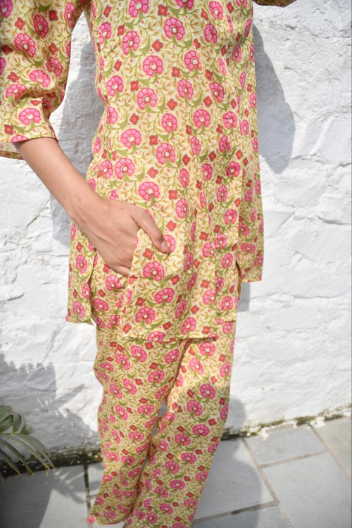 Mustard Green Floral Co-Ord set Hand Block