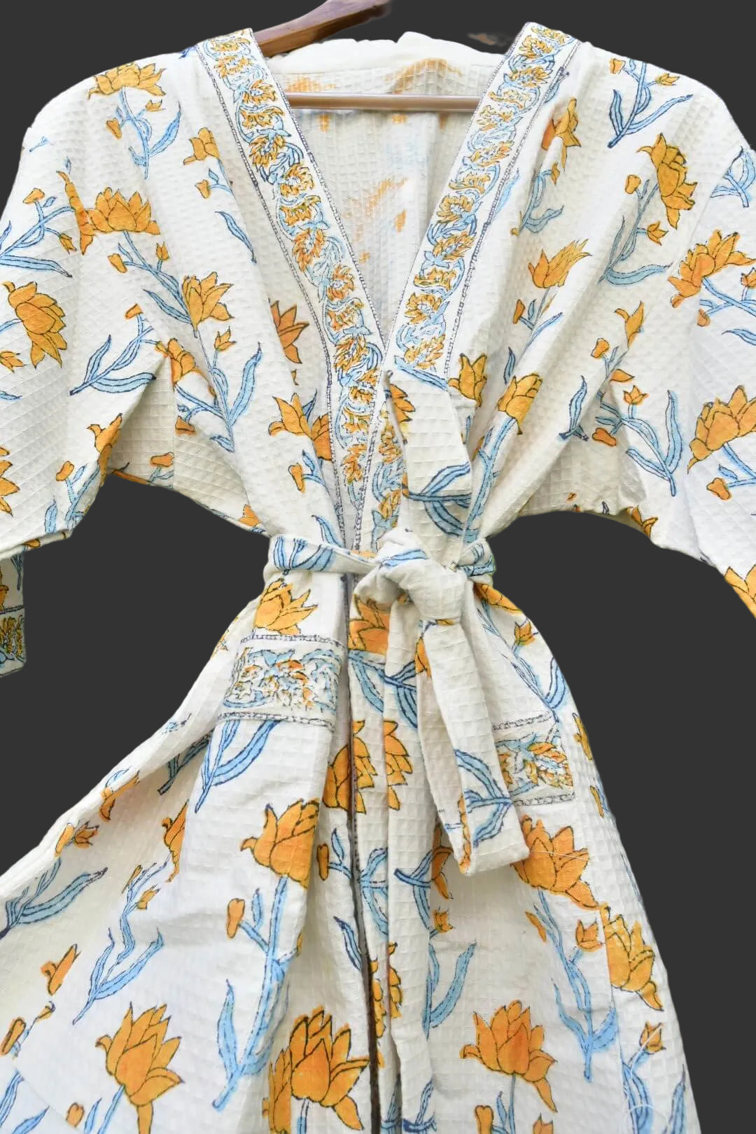 Yellow Lotus Hand Block Printed Waffle Cotton Bathrobe for Women