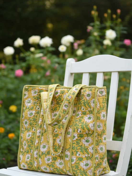 Yellow floral-patterned bag on a gray surface