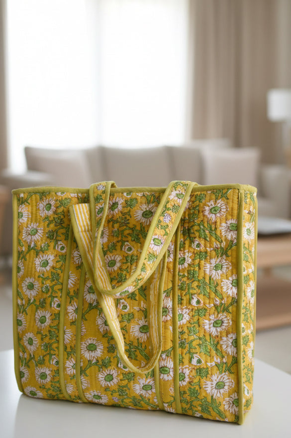 Yellow floral-patterned bag with a strap on a plain background
