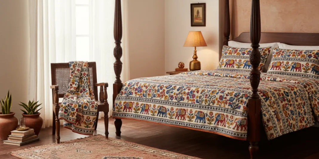 Bedroom with a four-poster bed covered in a colorful elephant-patterned quilt, a chair with a matching cover, and a lamp.