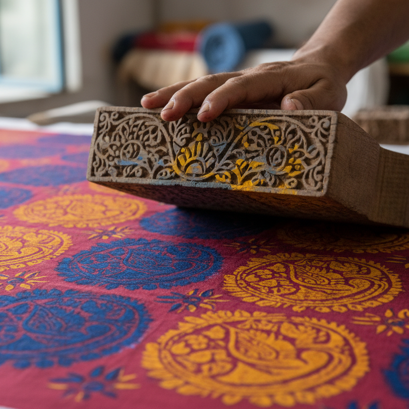 A close-up of a wooden block hitting the fabric, or a hand smoothing out a quilt.