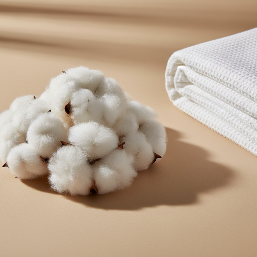 A high-end, minimalist lifestyle photograph of a pile of raw, high-quality long-staple cotton fibers and a folded premium white cotton textile. The fibers are incredibly long, silky, and lustrous. The background is a soft, warm neutral tone.