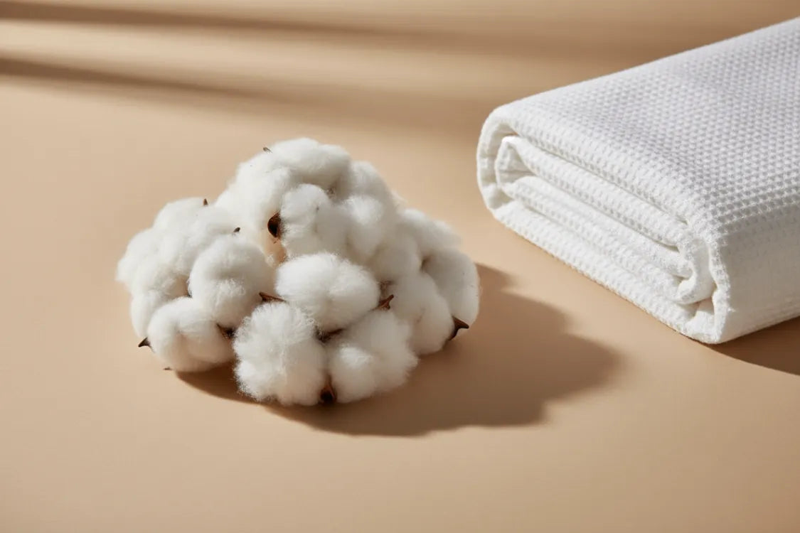 Cotton ball and folded white fabric on a beige background