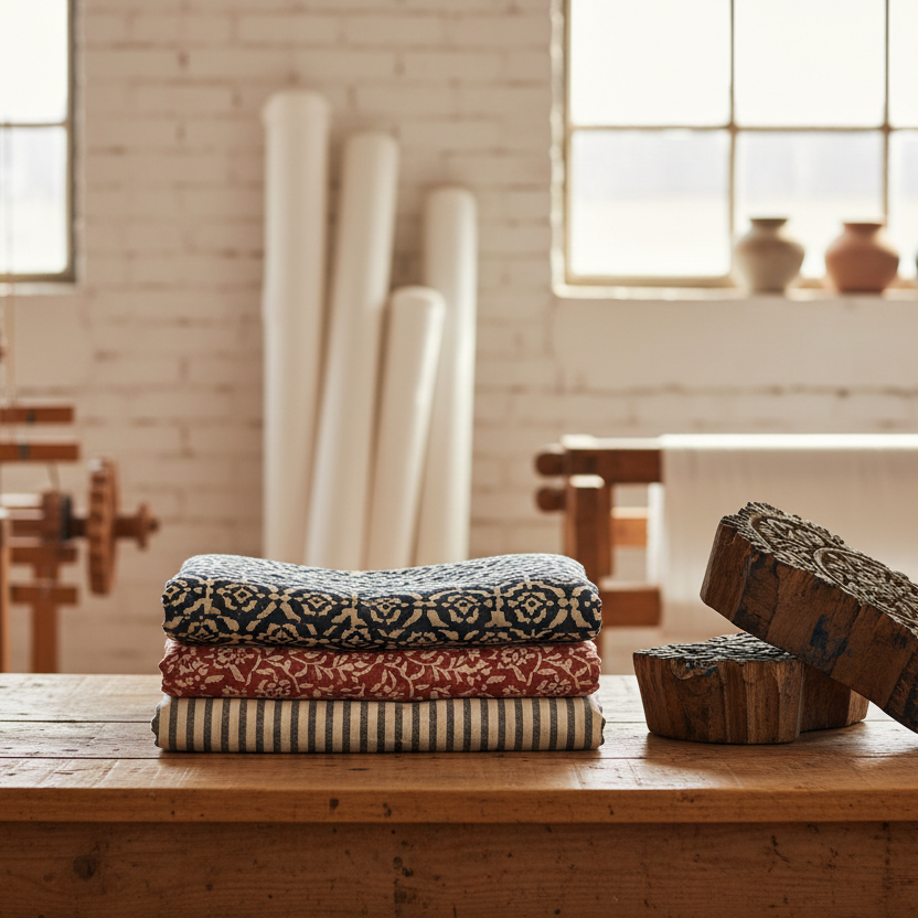 A serene, high-end artisanal workshop scene. A small, curated stack of three different hand-block printed cotton quilts in earthy indigo and terracotta tones sits on a heavy, reclaimed oak table. Resting next to the quilts are two intricately carved antique wooden printing blocks with traces of dried pigment. In the background, a soft-focus view of a sunlit studio with rolls of white cotton fabric.