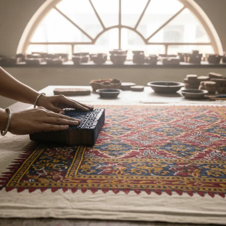 Person holding a book on a colorful rug with a window in the background