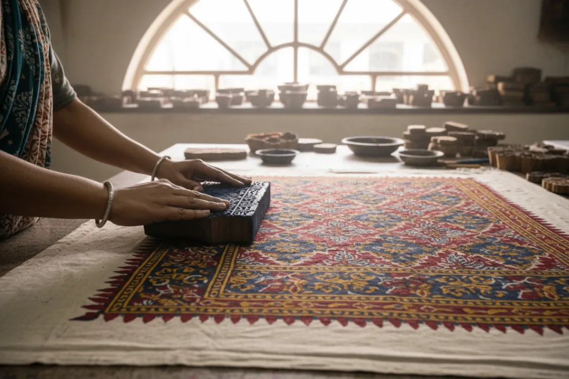 Person holding a book on a colorful rug with a window in the background