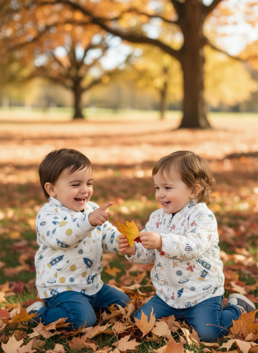 Two children playing with leaves in a park during autumn.