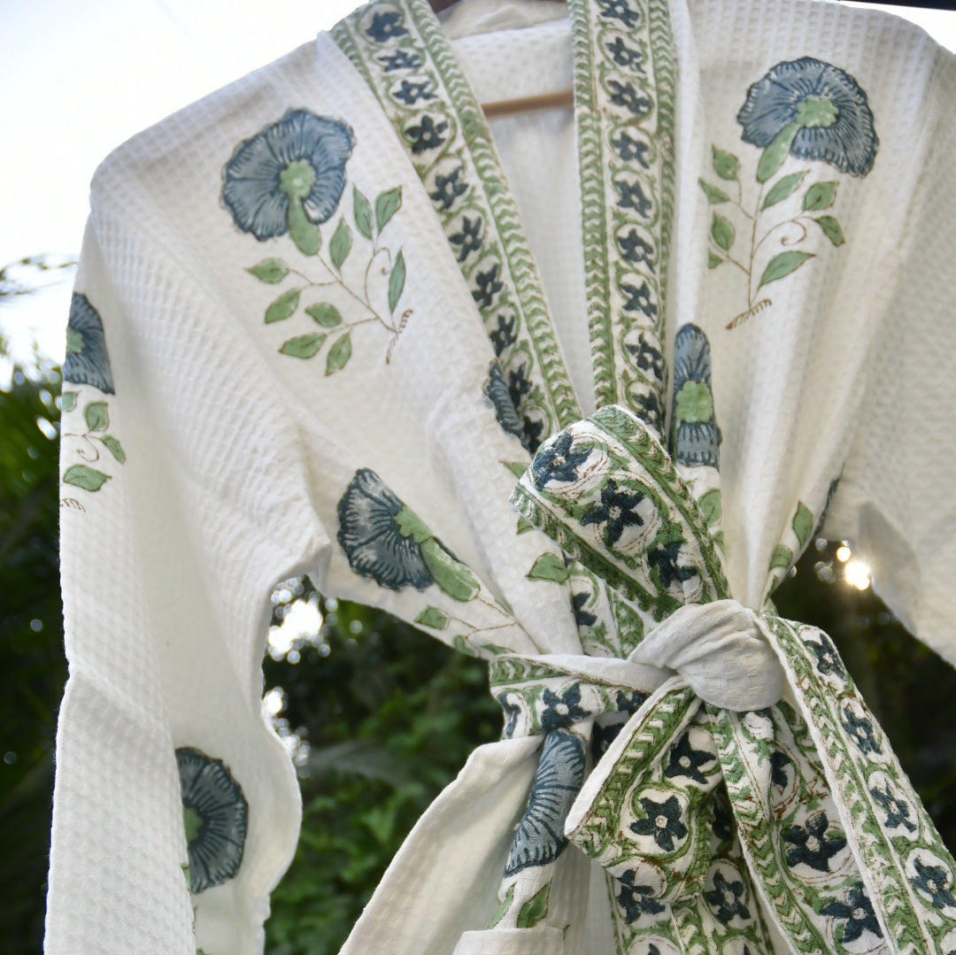 Blue green floral bathrobe