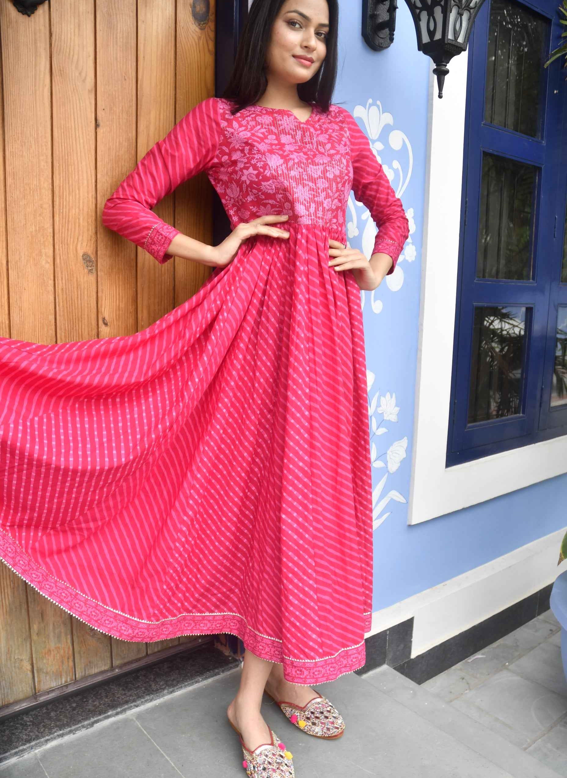 Pink Lehariya Anarkali Kurta: Rajasthani Charm