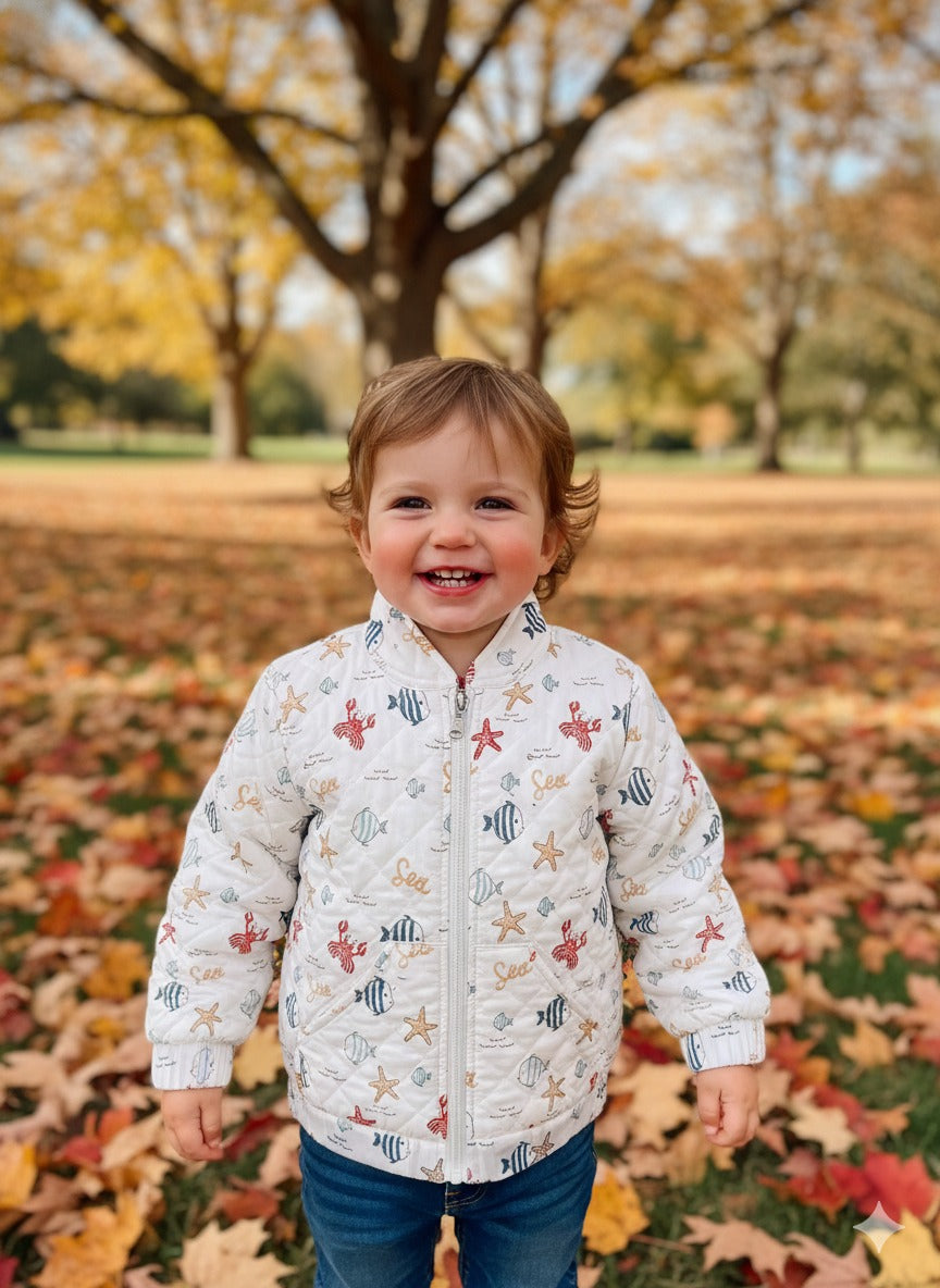 Child wearing a patterned jacket standing in an autumn park with fallen leaves and trees.