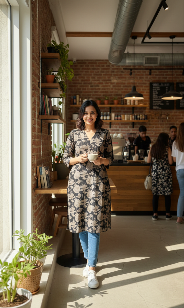 Woman standing in a modern cafe holding a cup, with shelves and plants in the background.